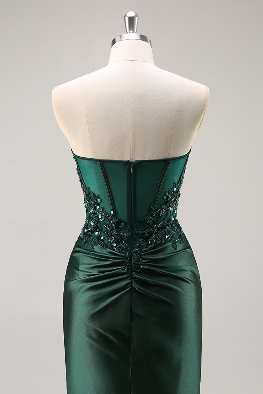 Vestido de fiesta de sirena verde oscuro sin tirantes con abertura