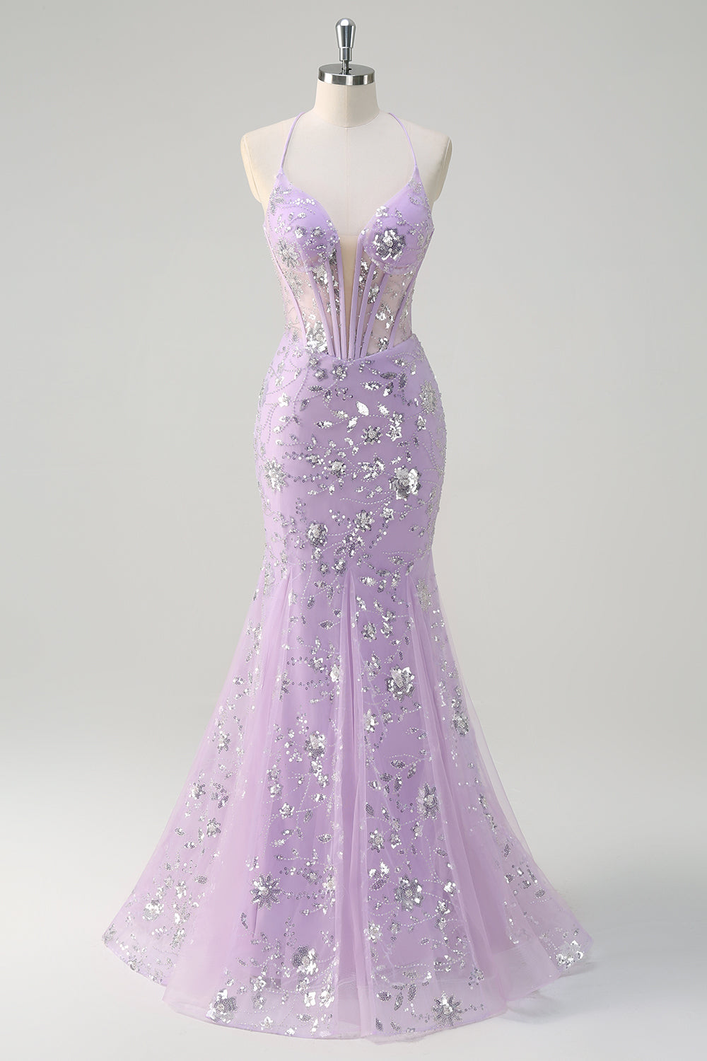 Vestido de fiesta de lentejuelas con corsé transparente lila brillante con cordones en la espalda