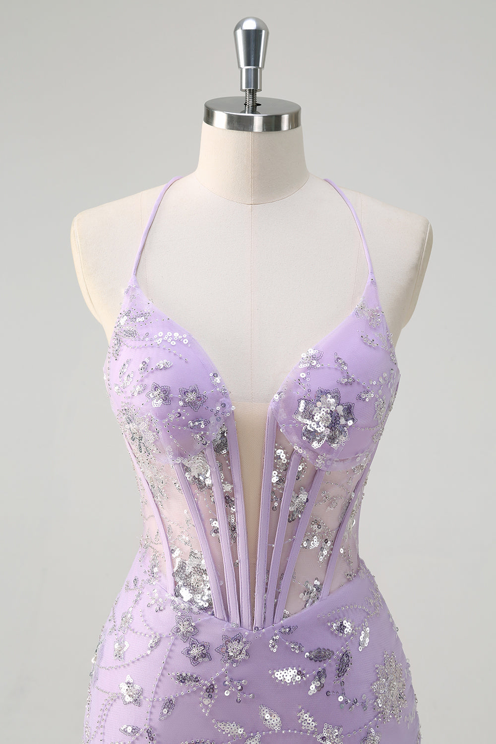 Vestido de fiesta de lentejuelas con corsé transparente lila brillante con cordones en la espalda