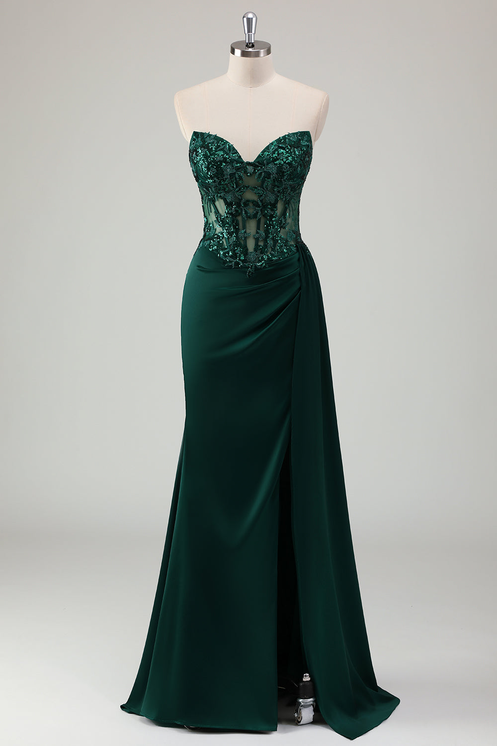 Vestido largo de fiesta con corsé de novia sirena verde oscuro brillante con abertura
