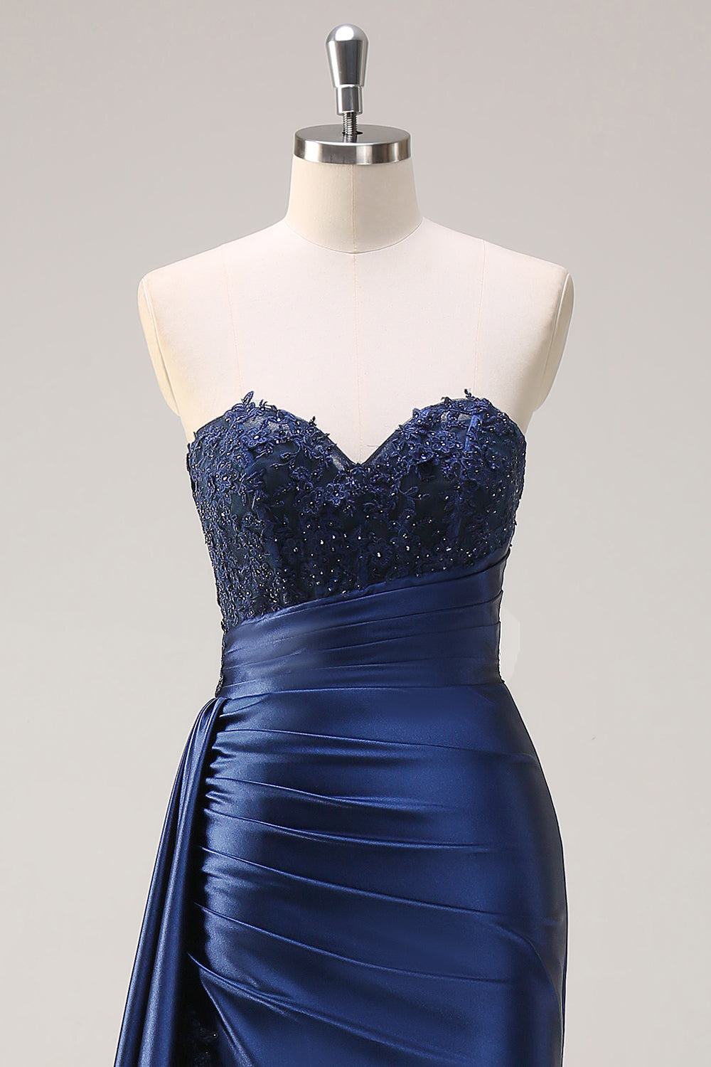 Sirena azul marino Strapless Side Streamer Corsé Fruncido Vestido de Fiesta Largo con Abertura