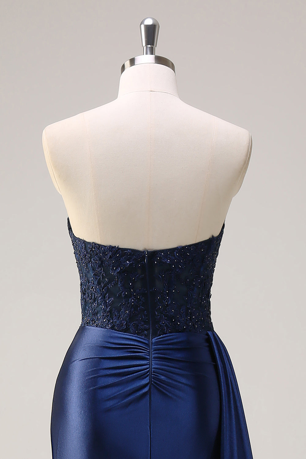 Sirena azul marino Strapless Side Streamer Corsé Fruncido Vestido de Fiesta Largo con Abertura
