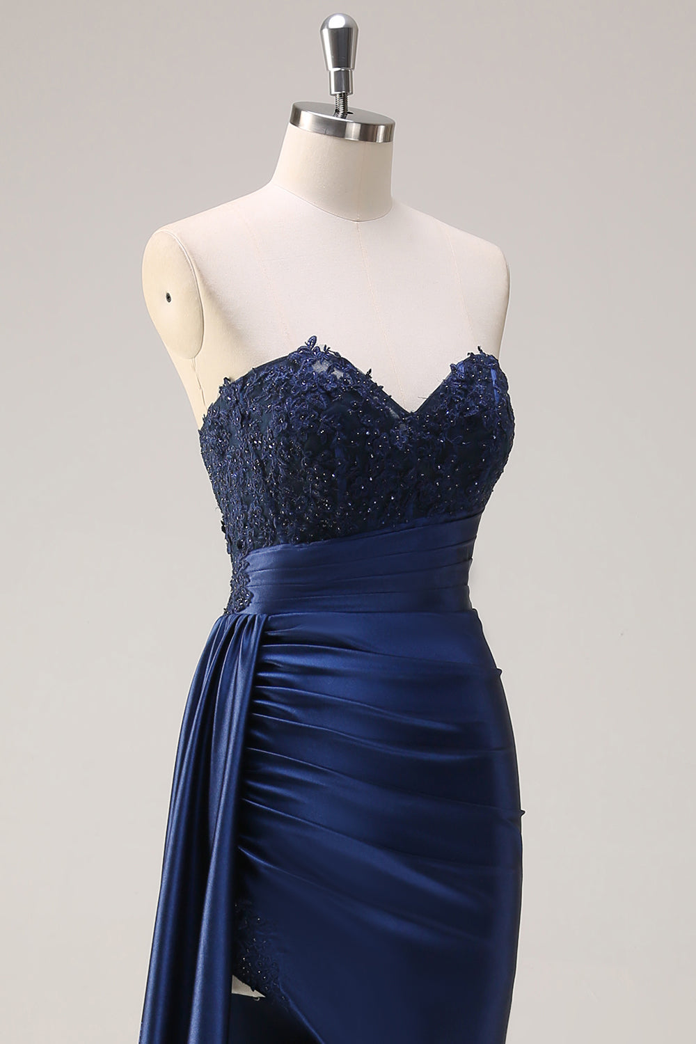 Sirena azul marino Strapless Side Streamer Corsé Fruncido Vestido de Fiesta Largo con Abertura