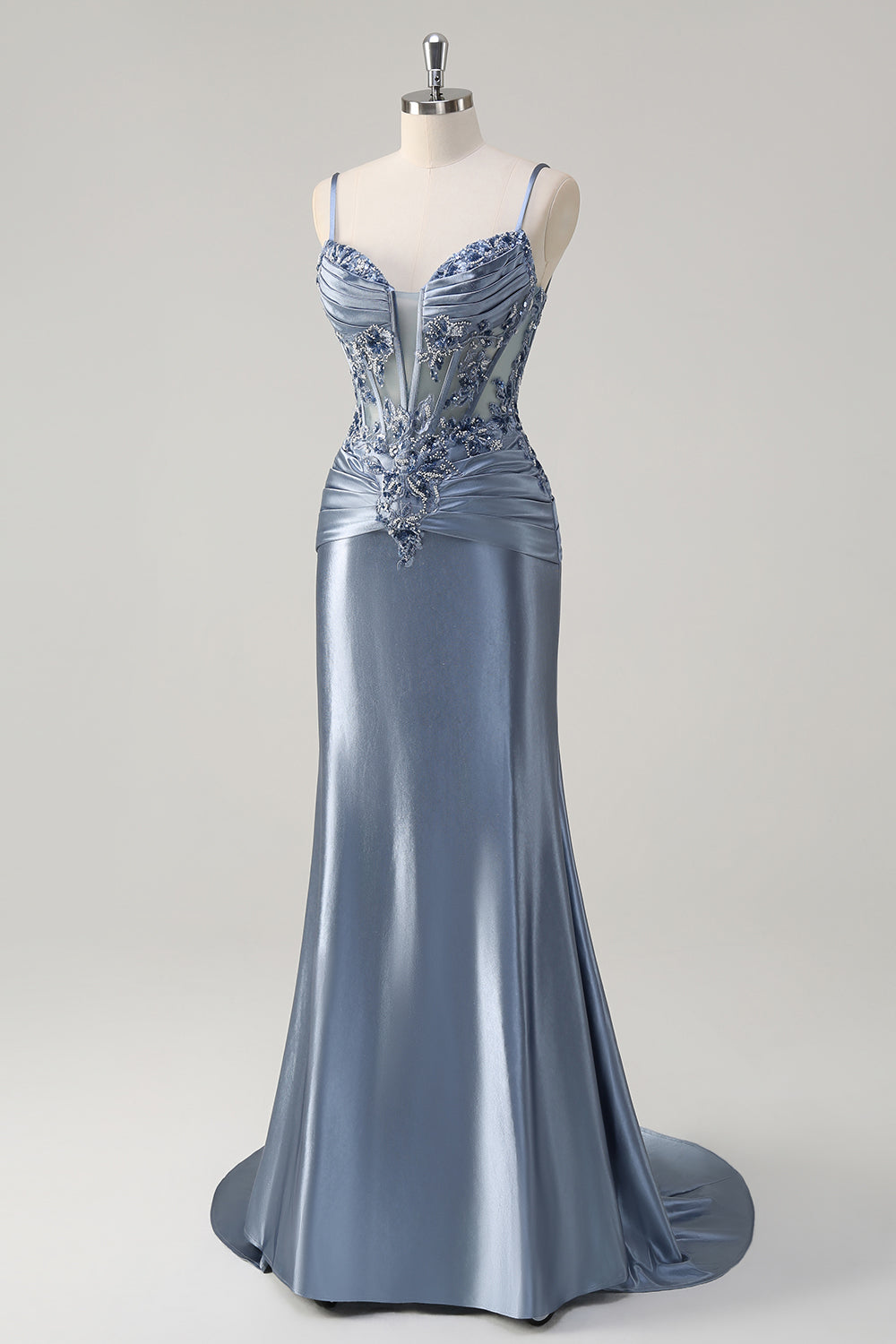 Vestido de fiesta largo con apliques de corsé y tirantes finos de sirena gris brillante