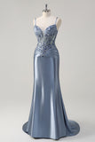 Vestido de fiesta largo con apliques de corsé y tirantes finos de sirena gris brillante