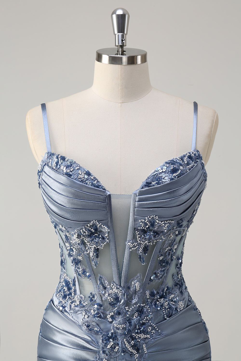 Vestido de fiesta largo con apliques de corsé y tirantes finos de sirena gris brillante
