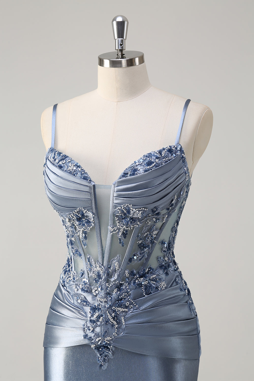 Vestido de fiesta largo con apliques de corsé y tirantes finos de sirena gris brillante