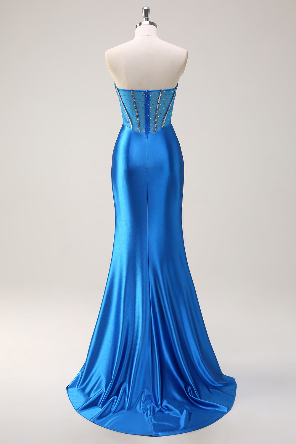 Vestido de fiesta con corsé de cuentas sin tirantes de sirena azul con abertura