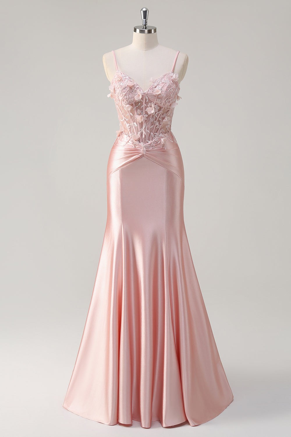 Sirena rosa brillante Tirantes de espagueti Corsé Flores Vestido de fiesta largo de satén
