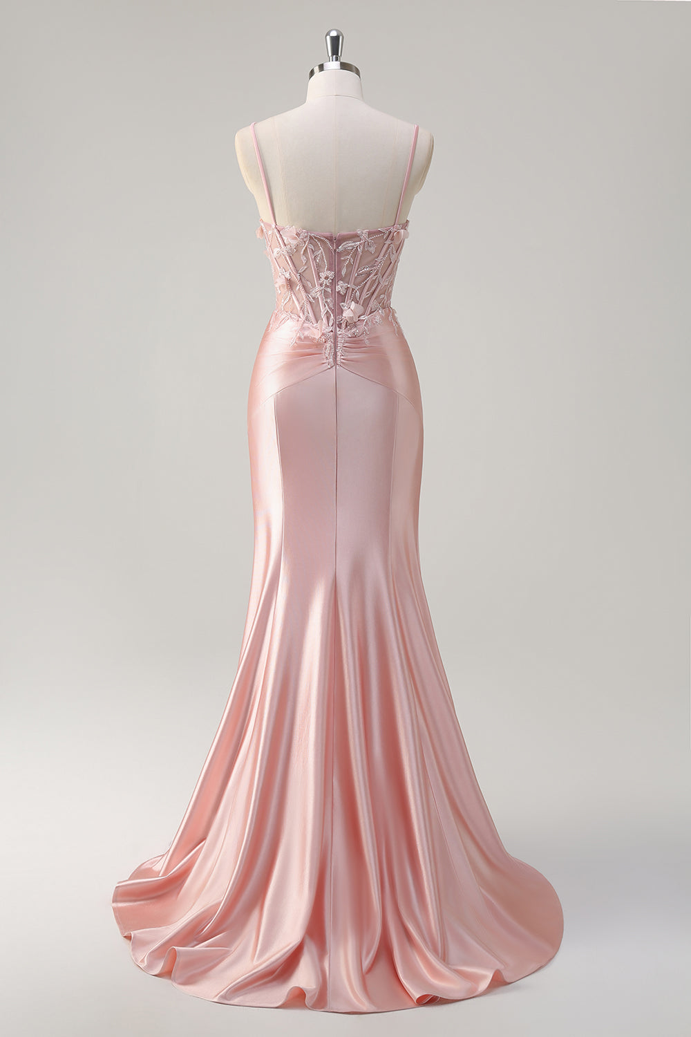 Sirena rosa brillante Tirantes de espagueti Corsé Flores Vestido de fiesta largo de satén