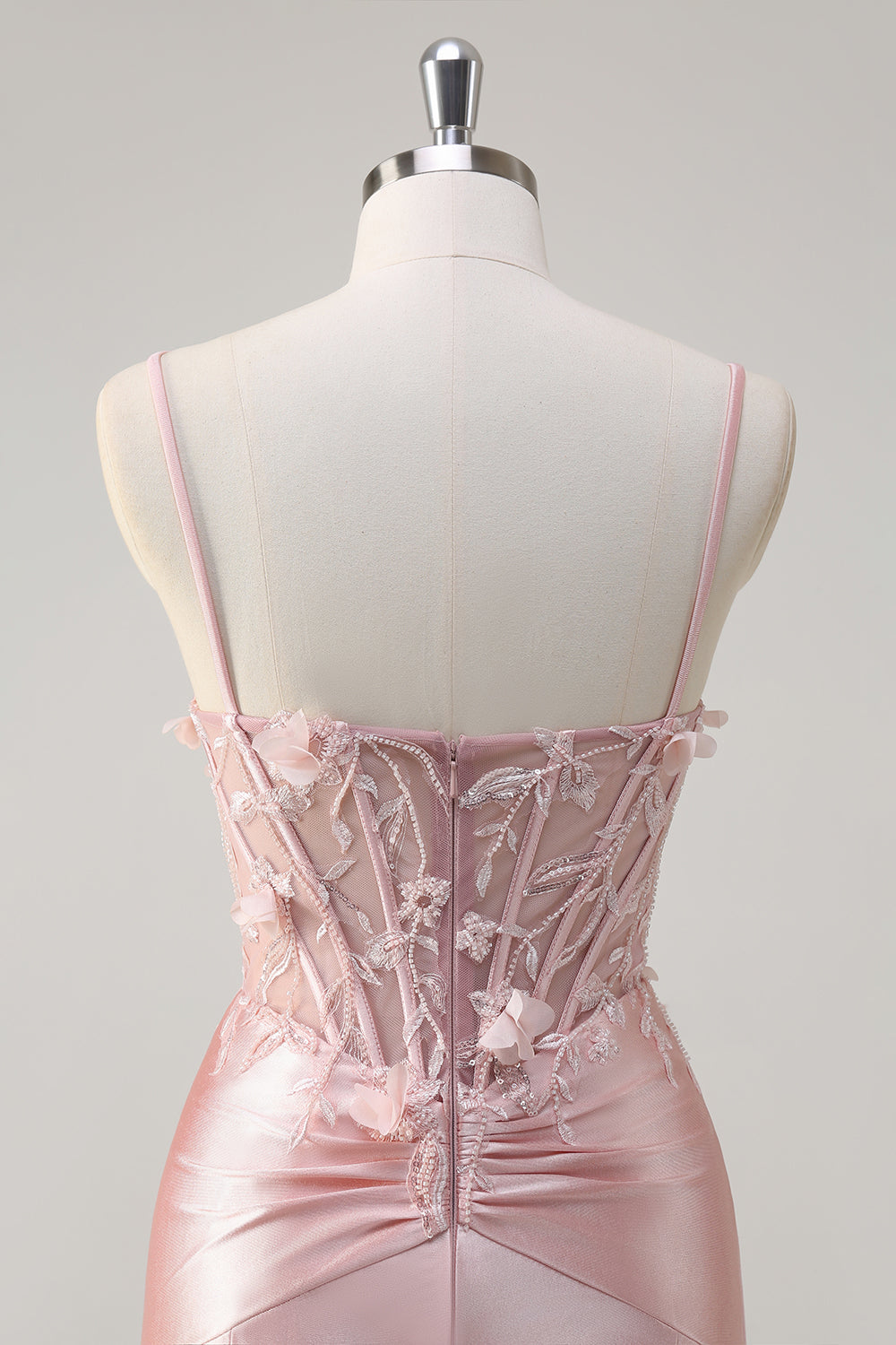 Sirena rosa brillante Tirantes de espagueti Corsé Flores Vestido de fiesta largo de satén