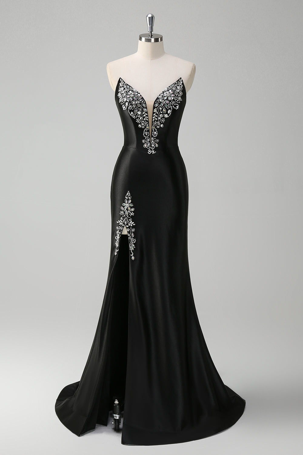 Vestido de fiesta largo palabra de honor con cuello en V sirena negro con abalorios