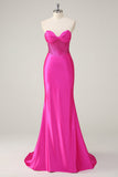 Vestido de fiesta con corsé sin tirantes de sirena fucsia