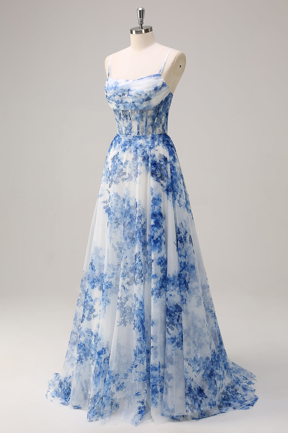Tirantes de espagueti de flores azules blancas Vestido de fiesta largo con abertura
