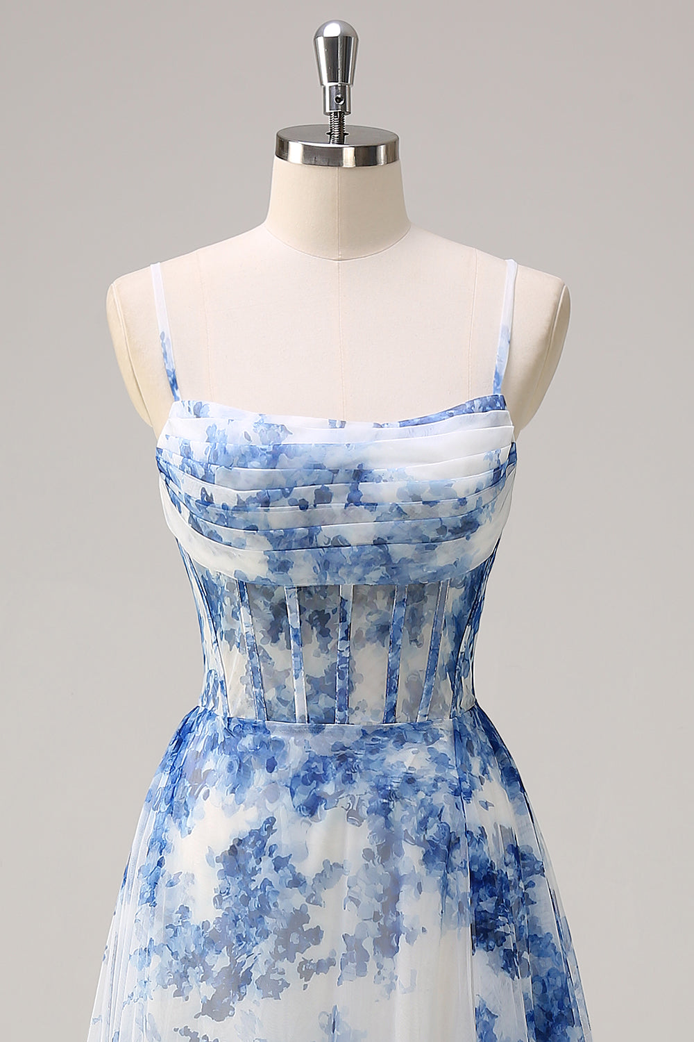 Tirantes de espagueti de flores azules blancas Vestido de fiesta largo con abertura