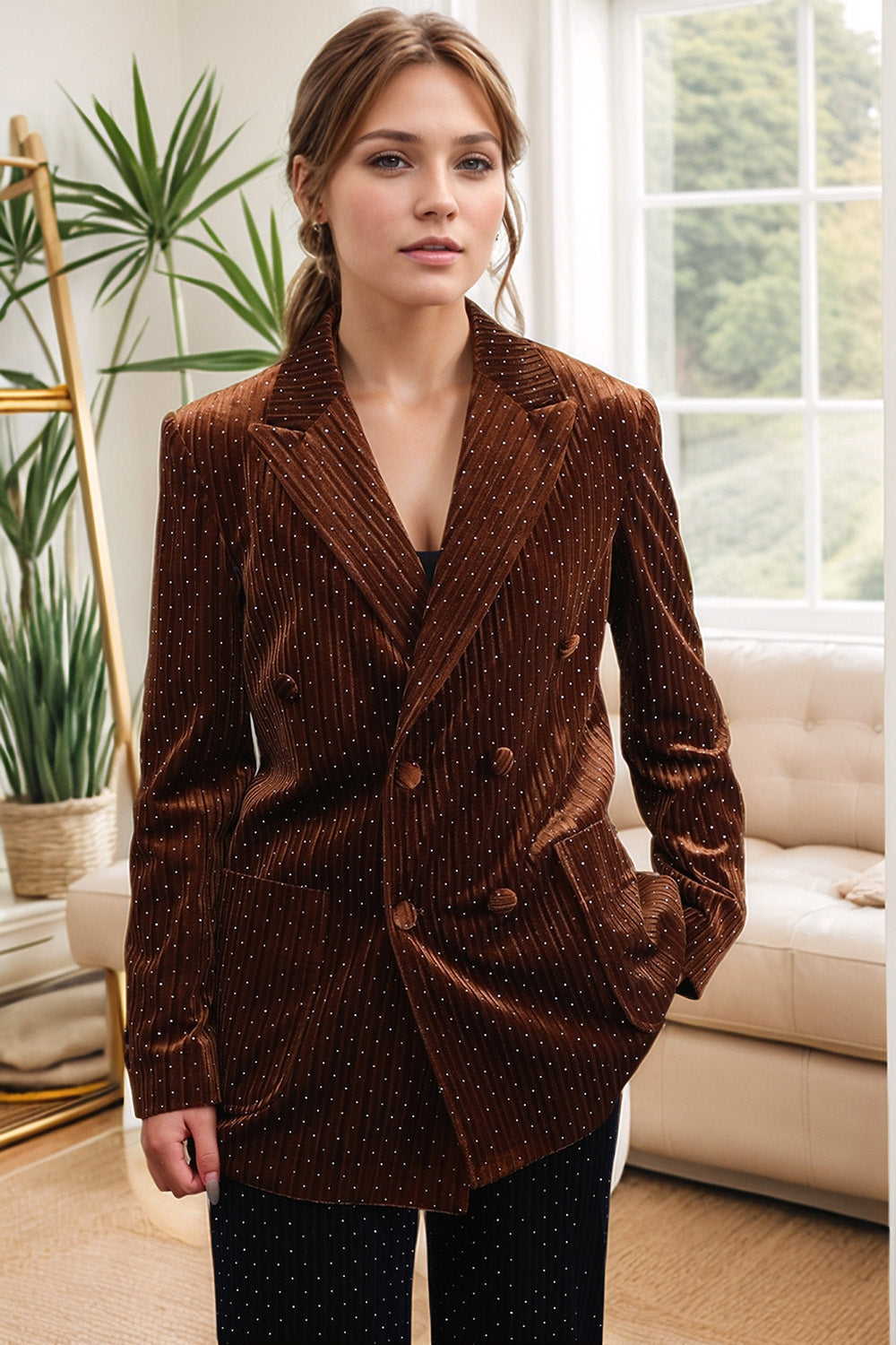 Blazer cruzado de terciopelo con solapa de pico café