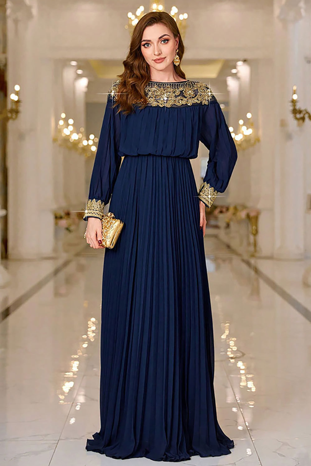 Vestido de fiesta largo con cuello de barco plisado azul marino