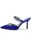 Sandalias de tacón de aguja con puntera de diamantes de imitación azul real
