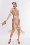 Vestido halter champán de la década de 1920 con lentejuelas