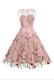Vestido Blush A Line Cuello Bateau Mangas Década de 1950