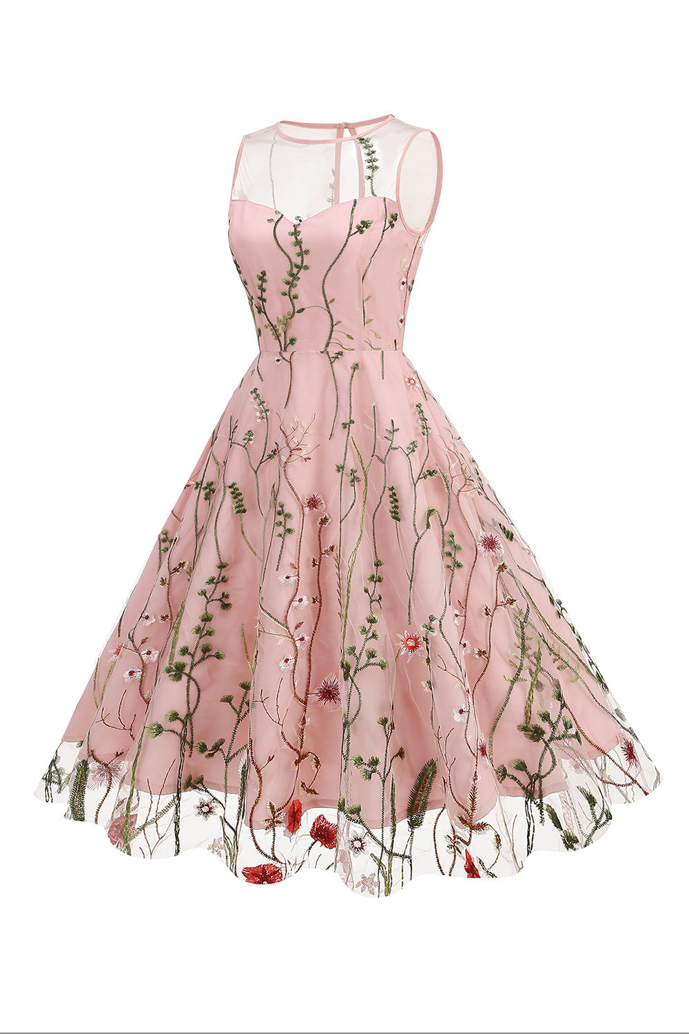 Vestido Blush A Line Cuello Bateau Mangas Década de 1950