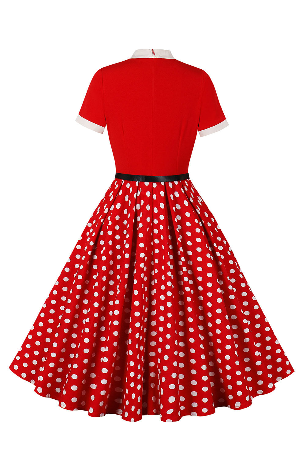 Vestido de manga corta de lunares negros de la década de 1950 con cinturón