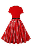 Vestido de manga corta de lunares negros de la década de 1950 con cinturón