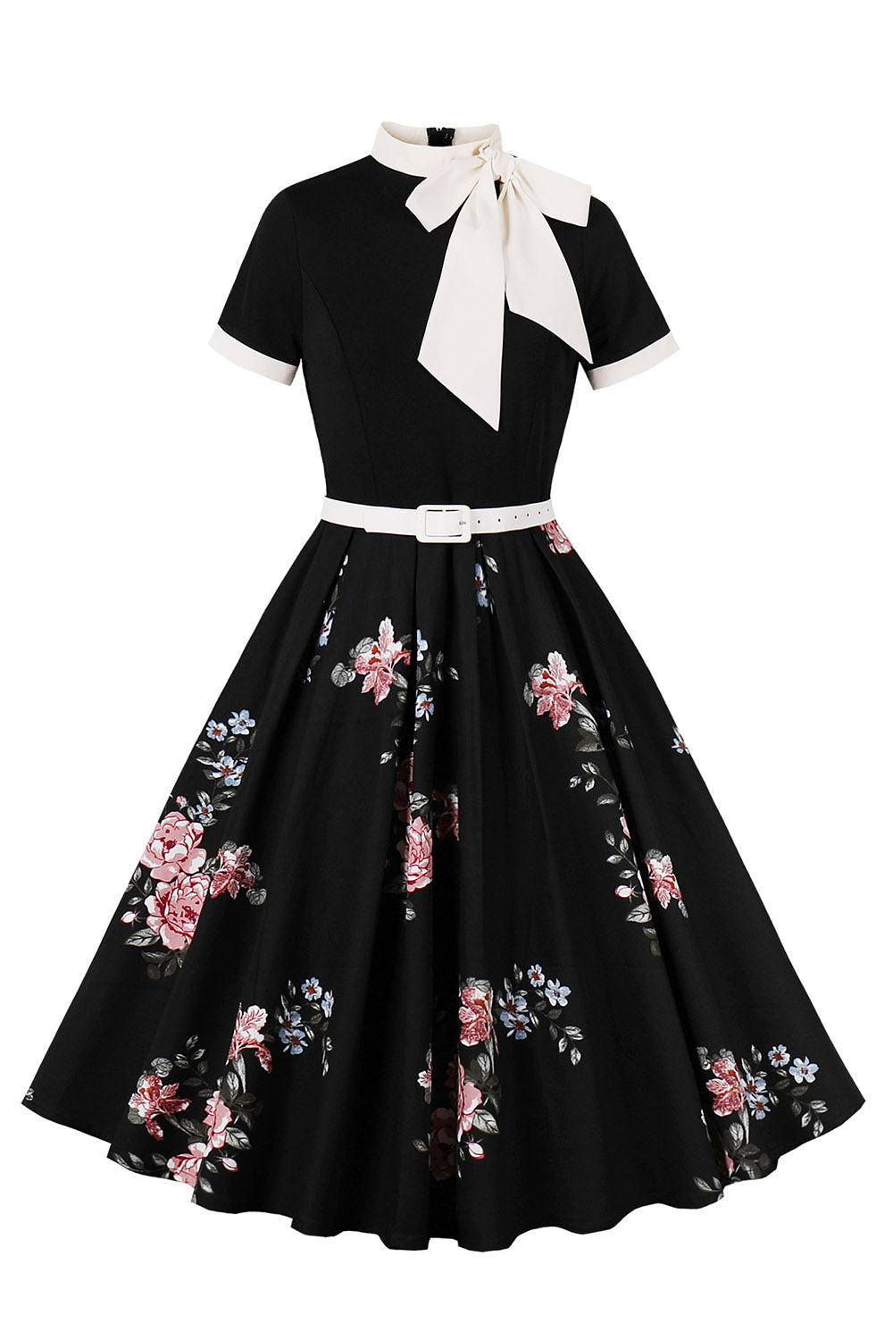 Vestidos de la década de 1950 con estampado floral azul y mangas cortas