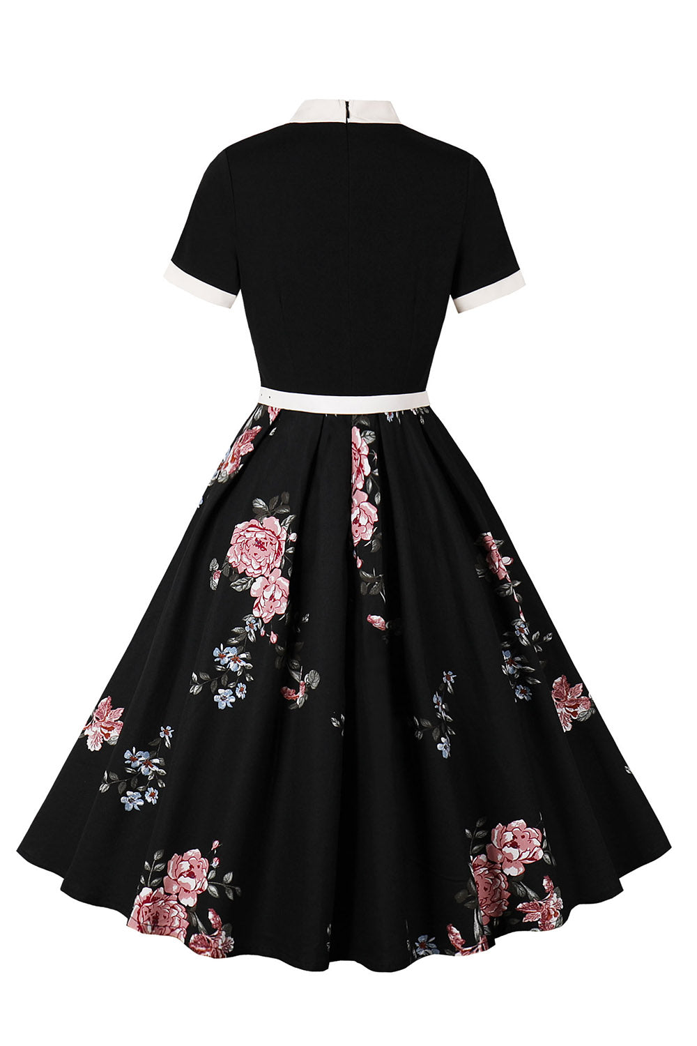 Vestidos de la década de 1950 con estampado floral azul y mangas cortas