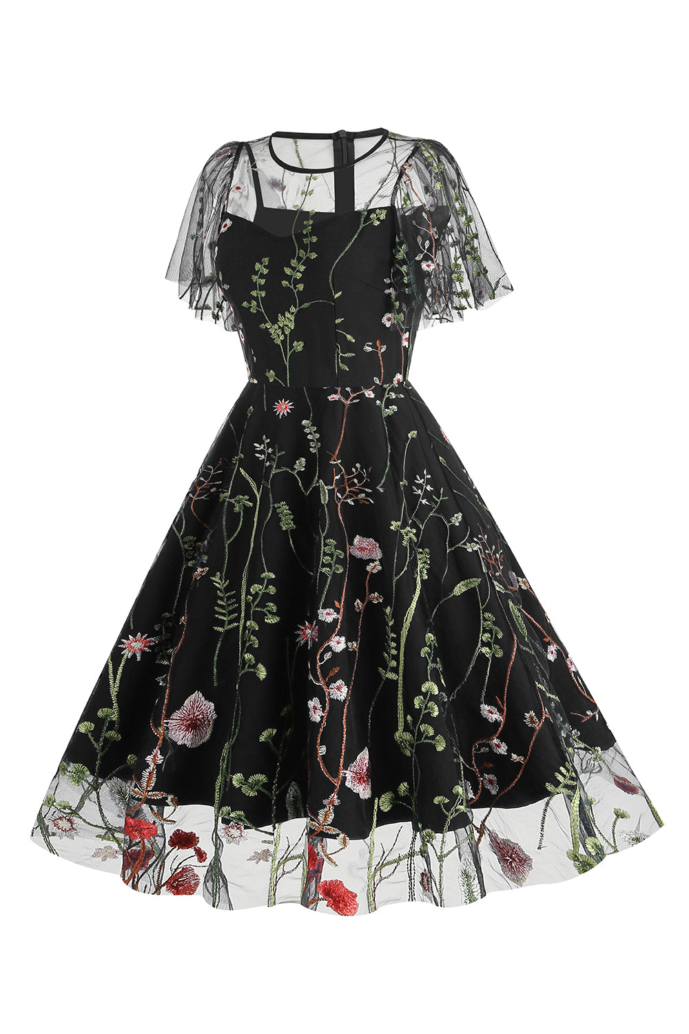Vestido de tul estampado de albaricoque de la década de 1950 con mangas cortas