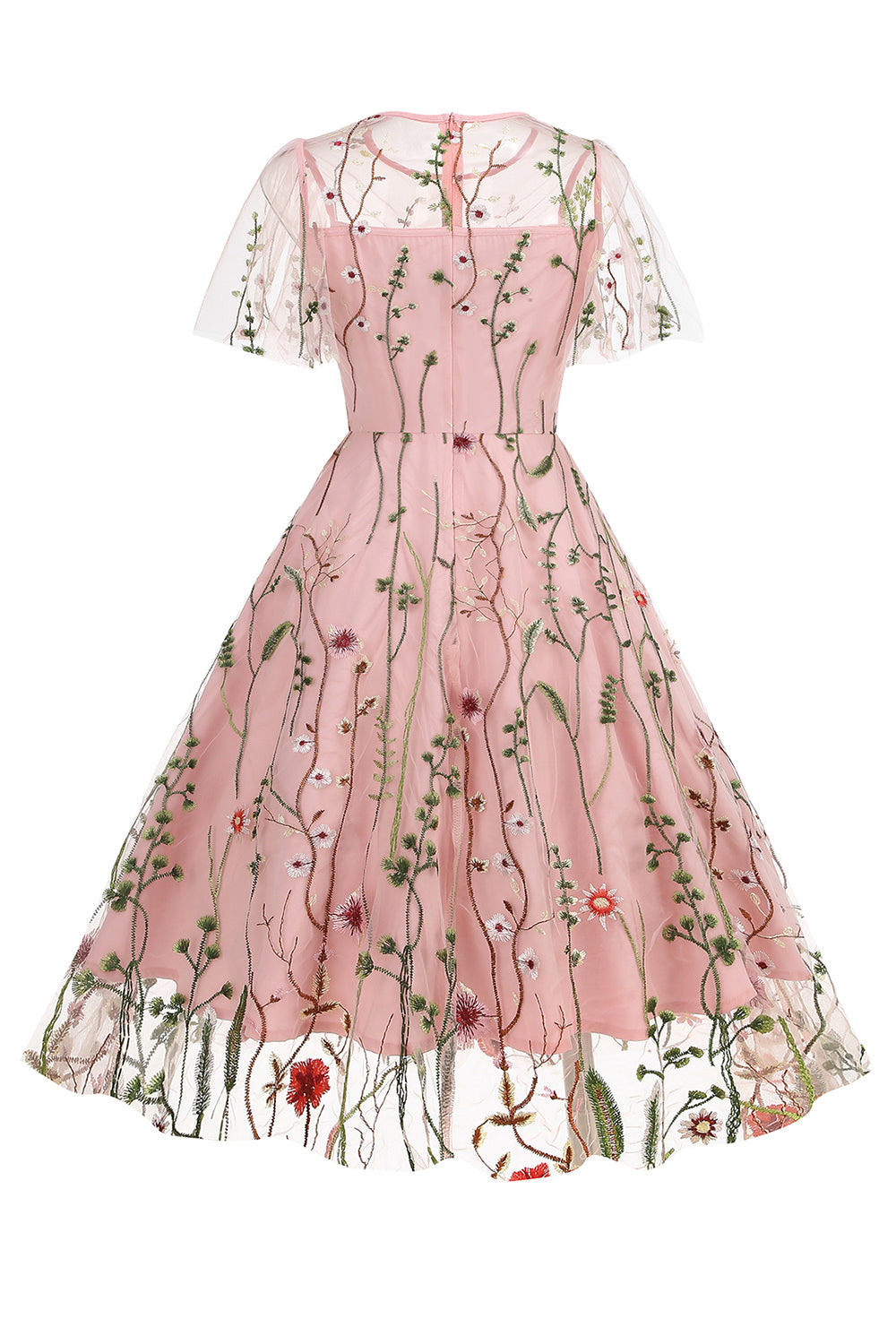 Vestido de tul estampado de albaricoque de la década de 1950 con mangas cortas