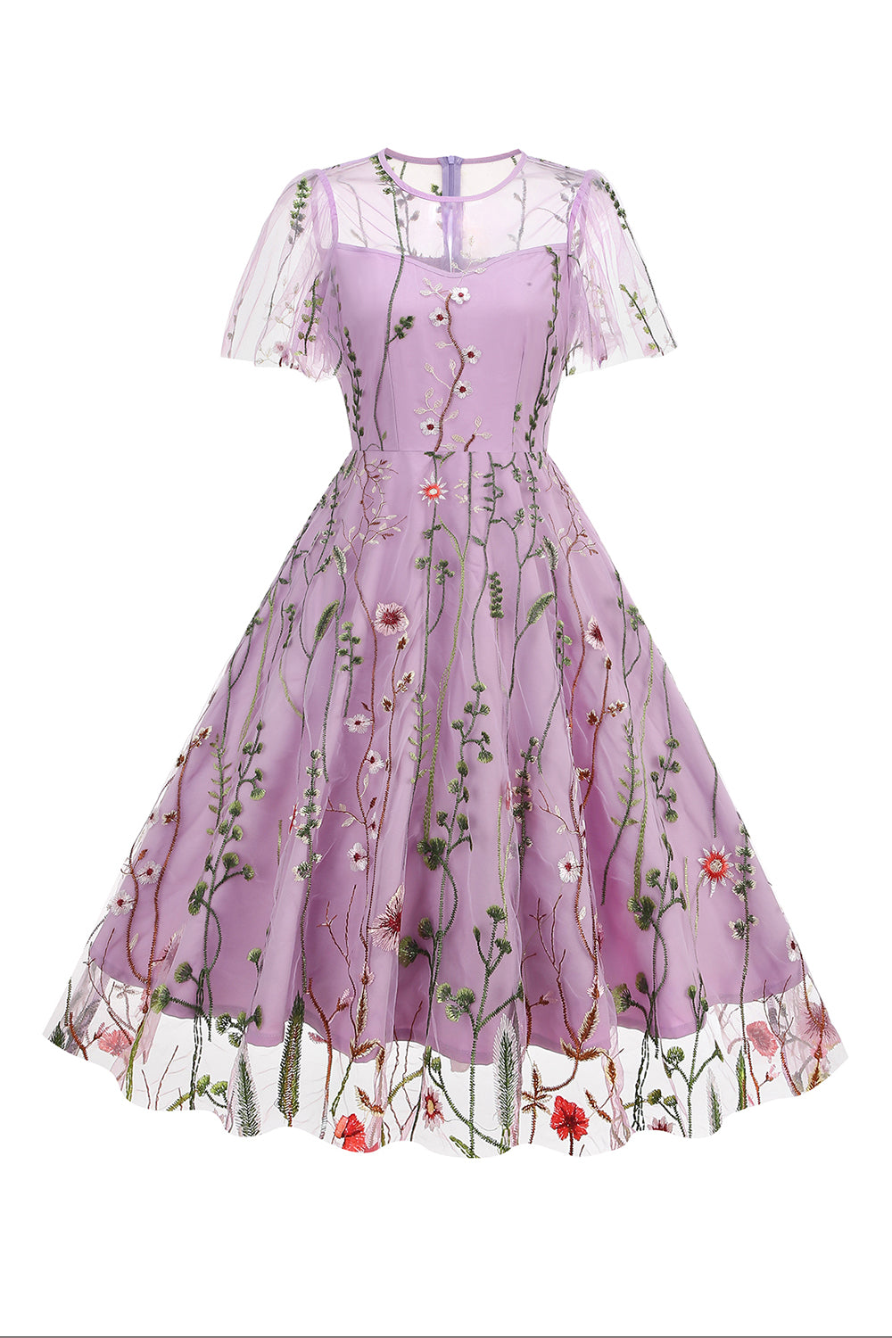 Vestido de tul estampado de albaricoque de la década de 1950 con mangas cortas
