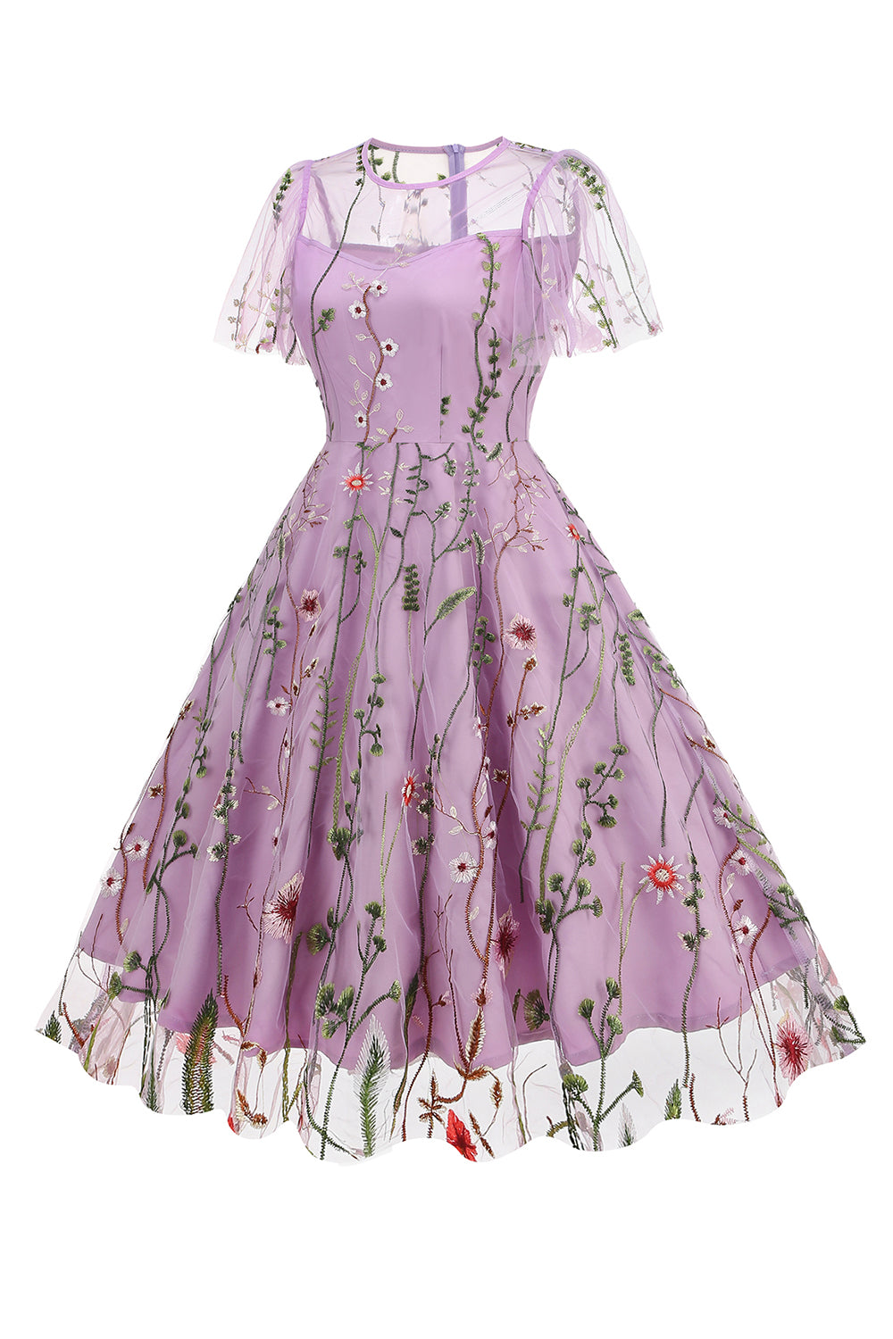 Vestido de tul estampado de albaricoque de la década de 1950 con mangas cortas