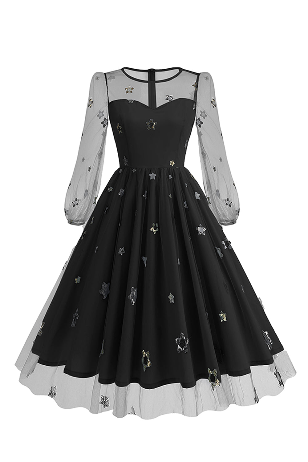 Vestido floral azul A de la década de 1950 con mangas largas