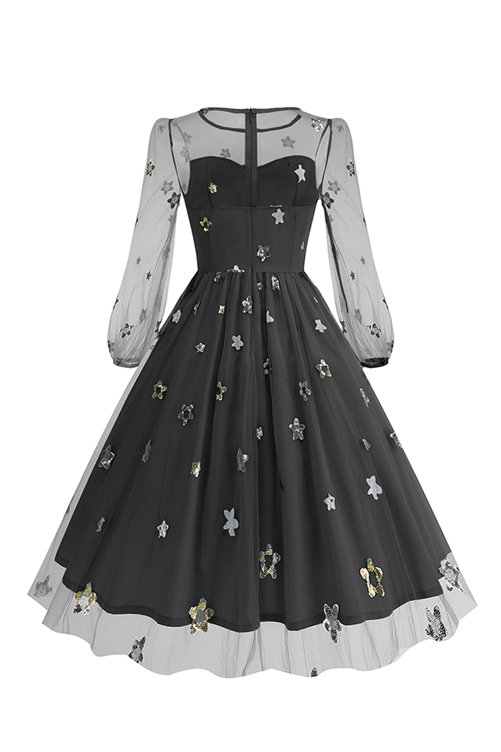 Vestido floral azul A de la década de 1950 con mangas largas