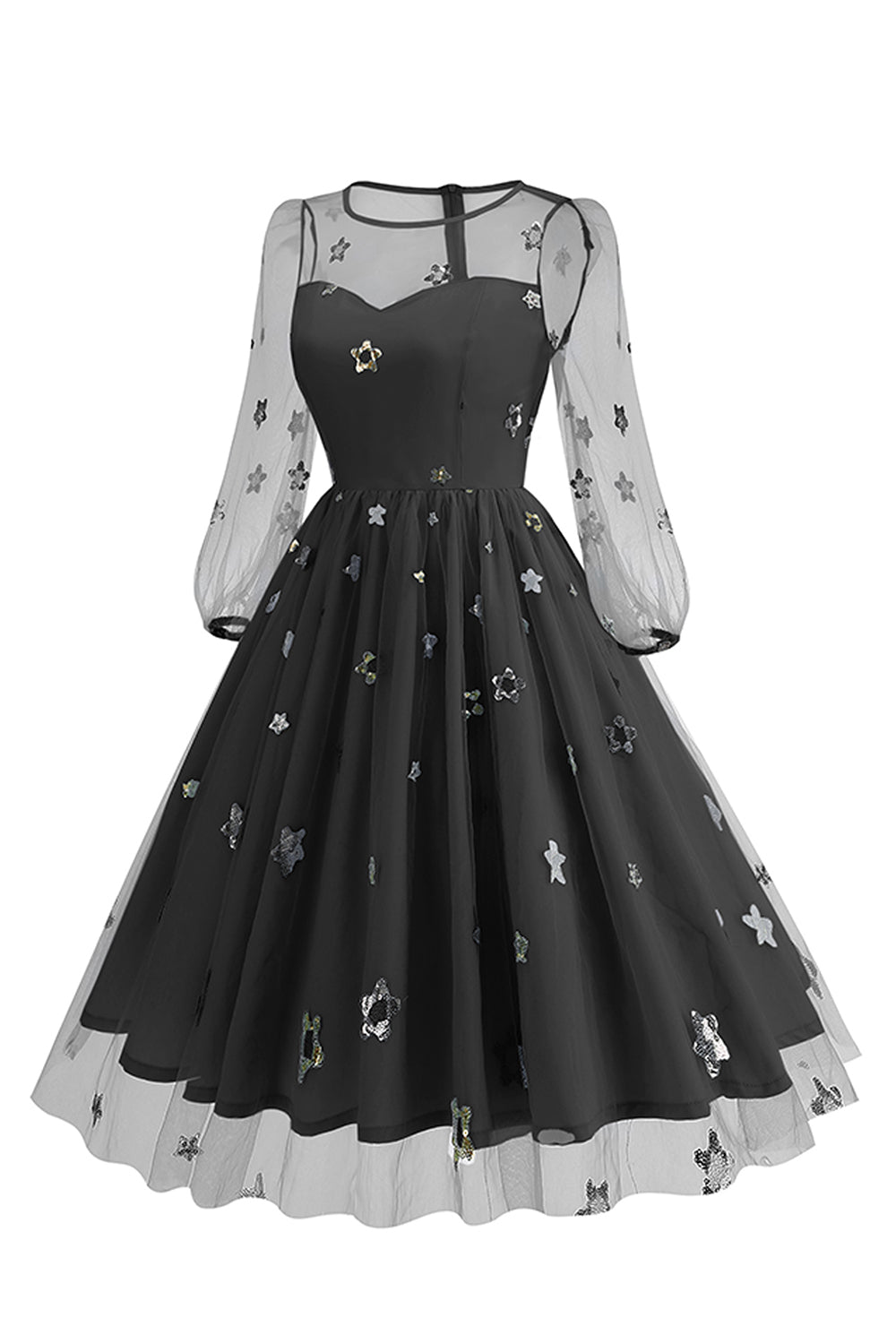 Vestido floral azul A de la década de 1950 con mangas largas