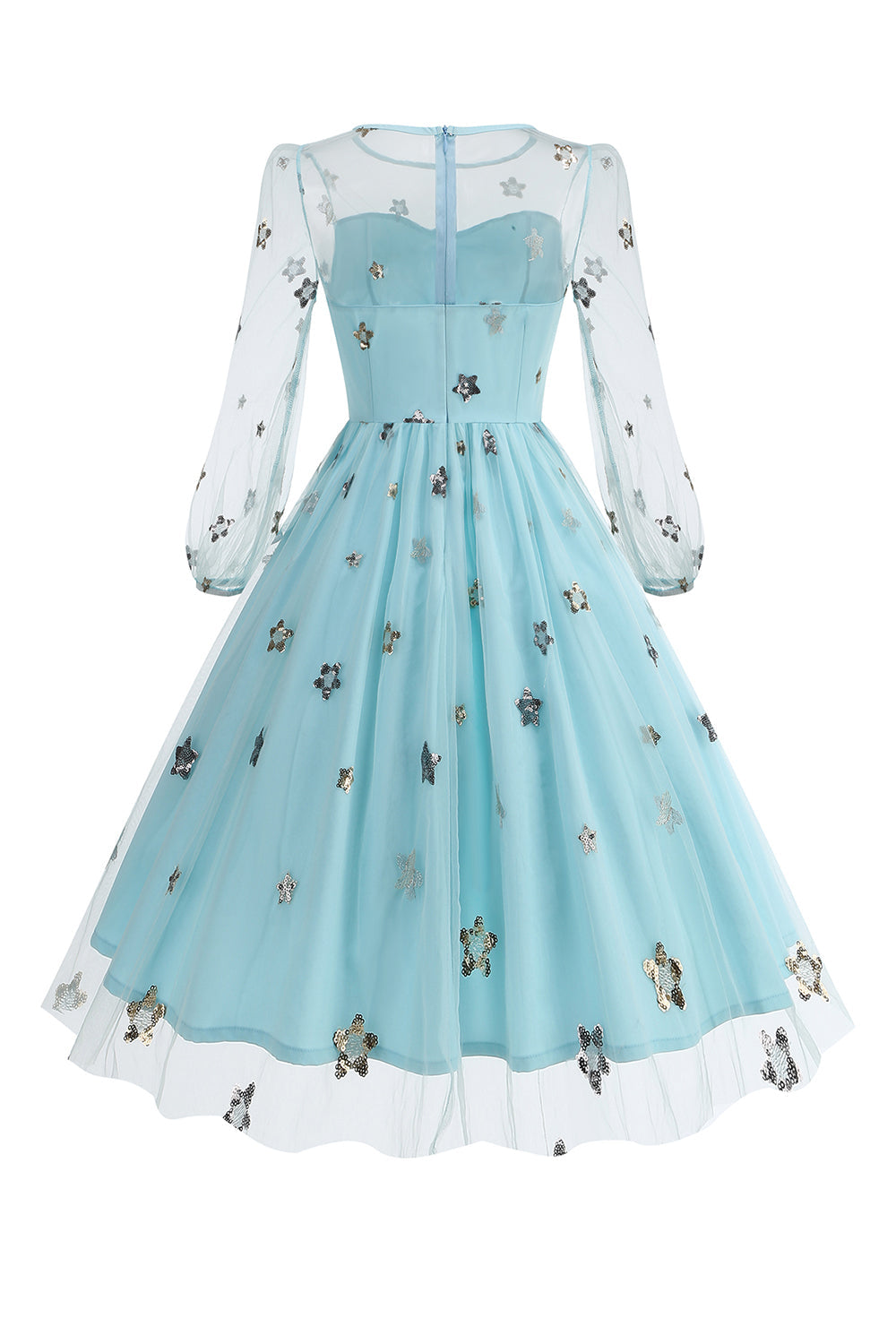 Vestido floral azul A de la década de 1950 con mangas largas