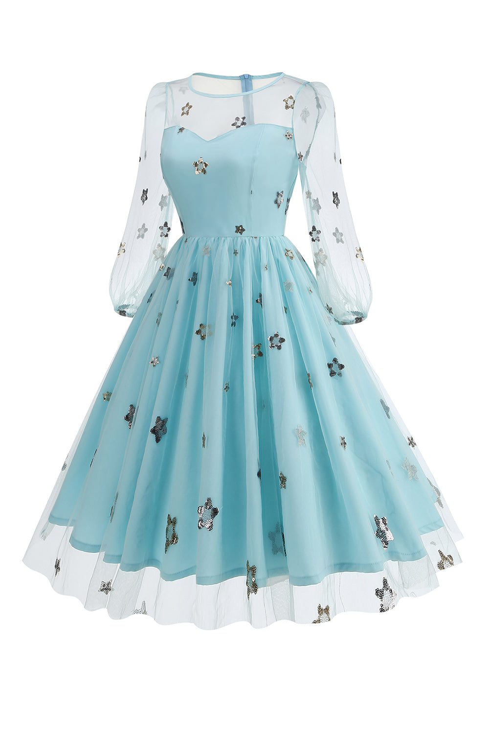 Vestido floral azul A de la década de 1950 con mangas largas