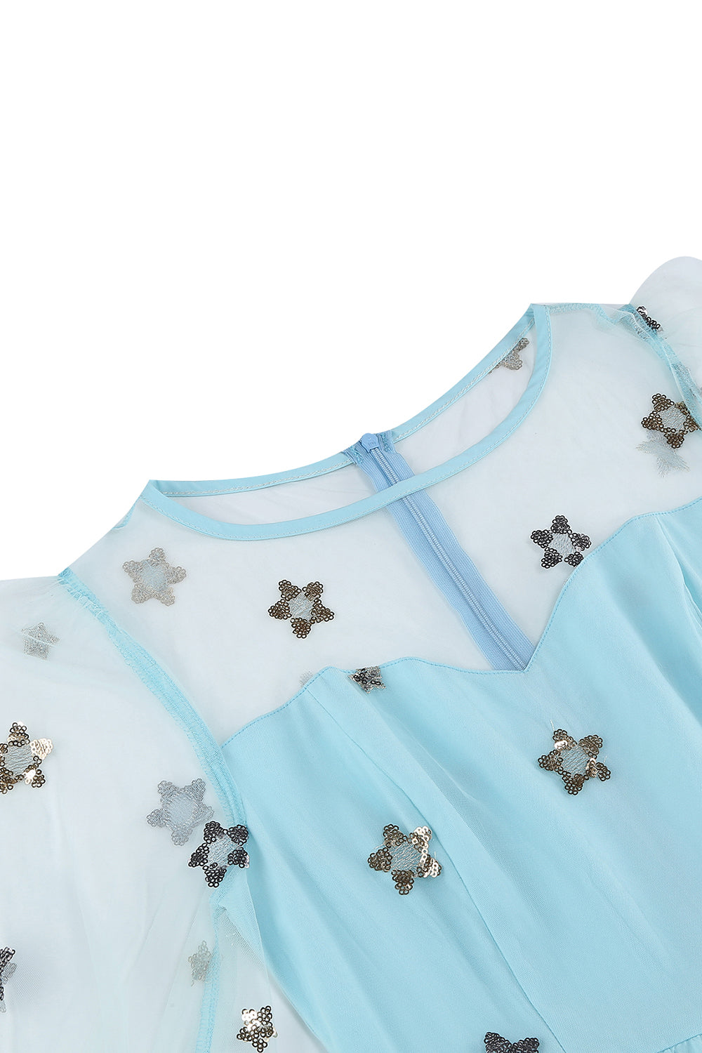 Vestido floral azul A de la década de 1950 con mangas largas