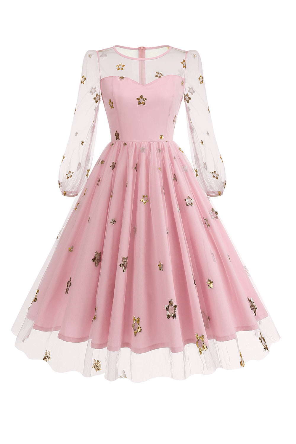 Vestido floral azul A de la década de 1950 con mangas largas