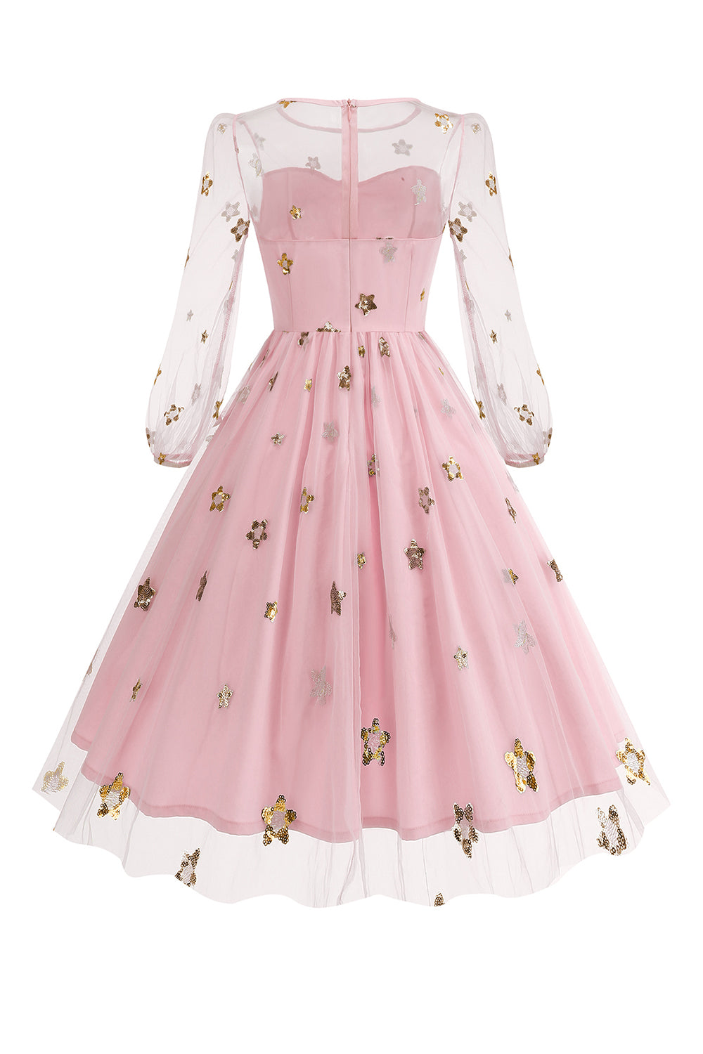 Vestido floral azul A de la década de 1950 con mangas largas