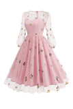Vestido floral azul A de la década de 1950 con mangas largas