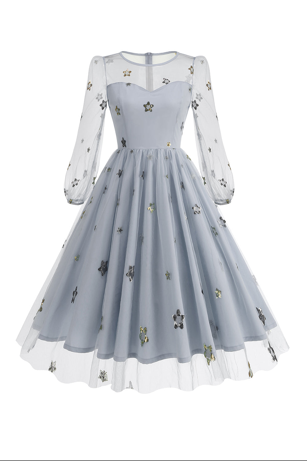 Vestido floral azul A de la década de 1950 con mangas largas