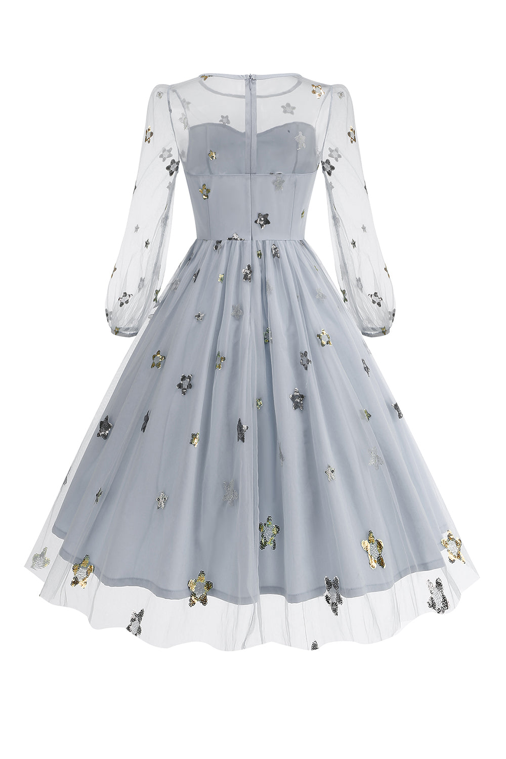 Vestido floral azul A de la década de 1950 con mangas largas
