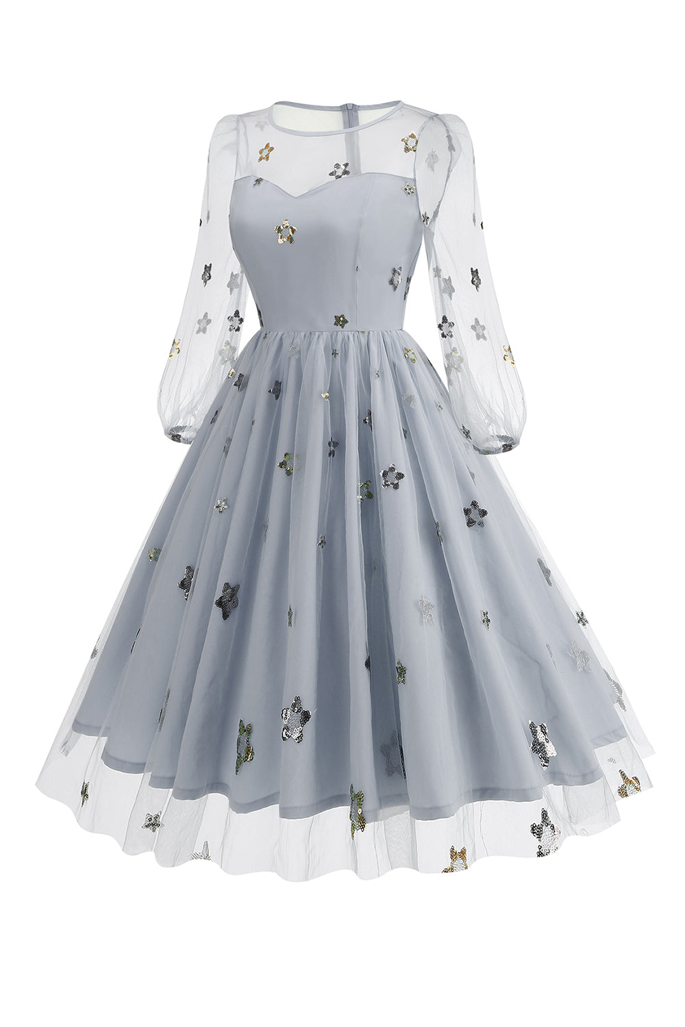 Vestido floral azul A de la década de 1950 con mangas largas