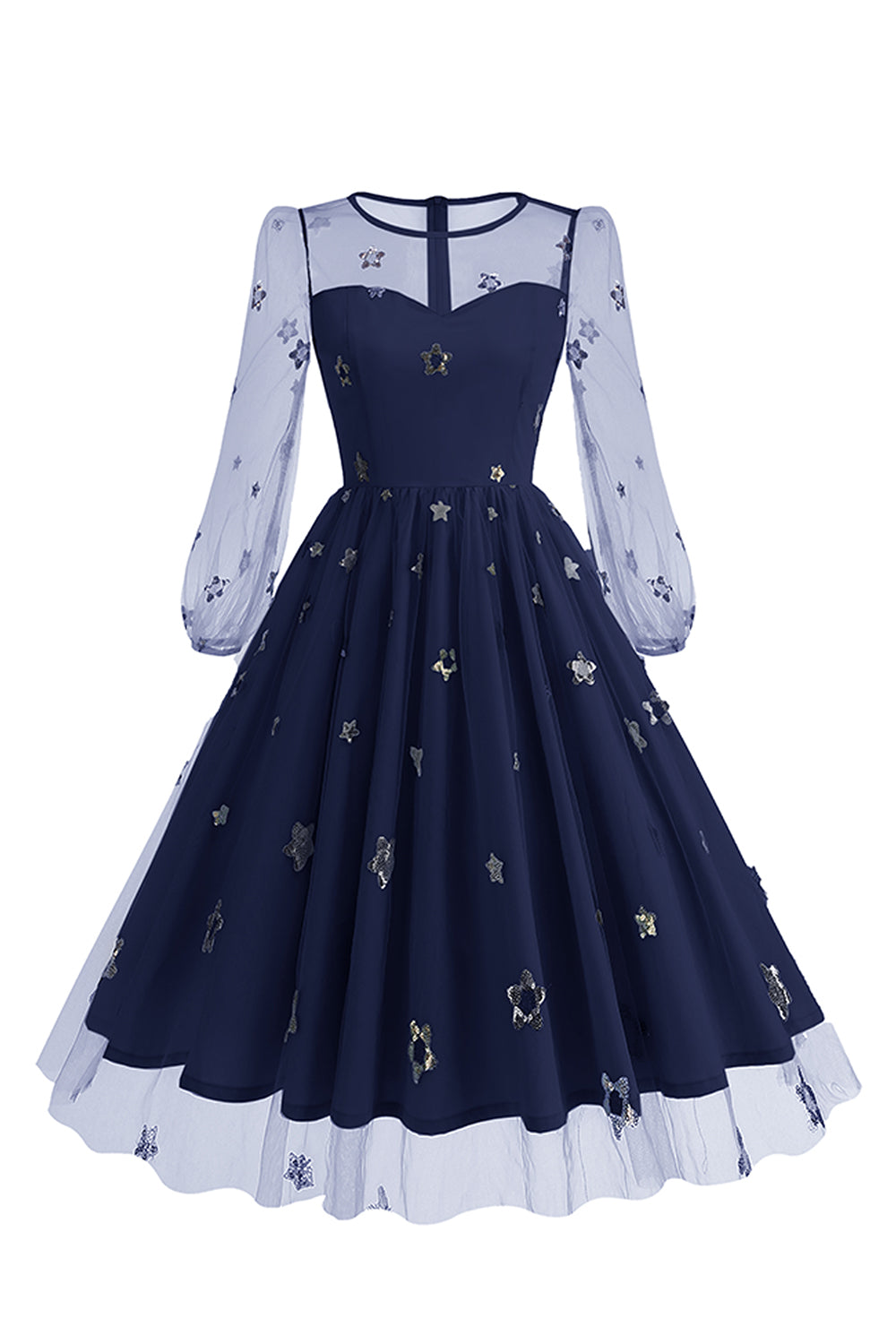 Vestido floral azul A de la década de 1950 con mangas largas