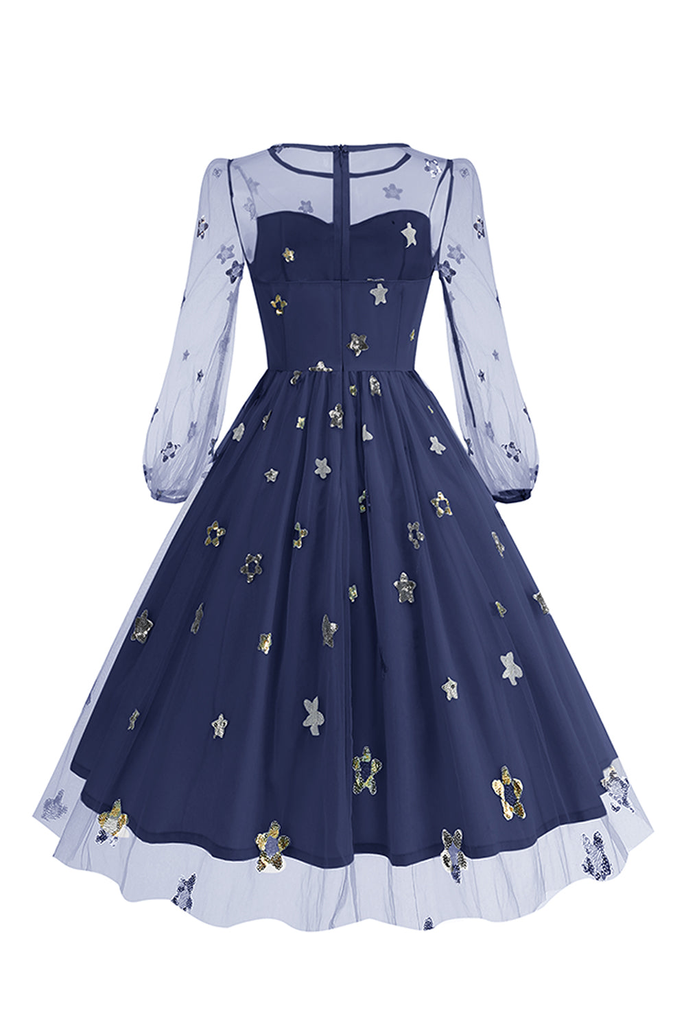 Vestido floral azul A de la década de 1950 con mangas largas