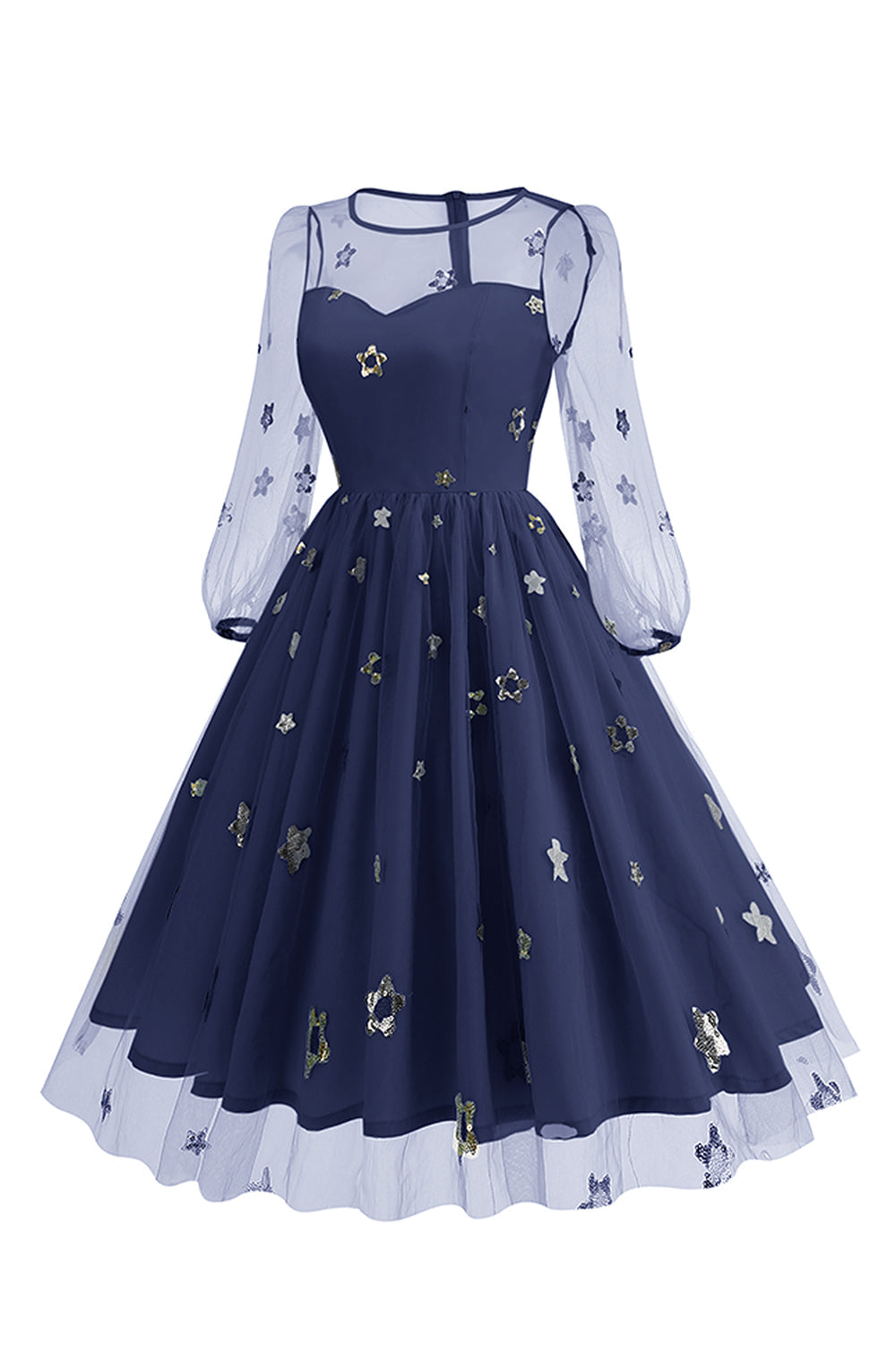 Vestido floral azul A de la década de 1950 con mangas largas