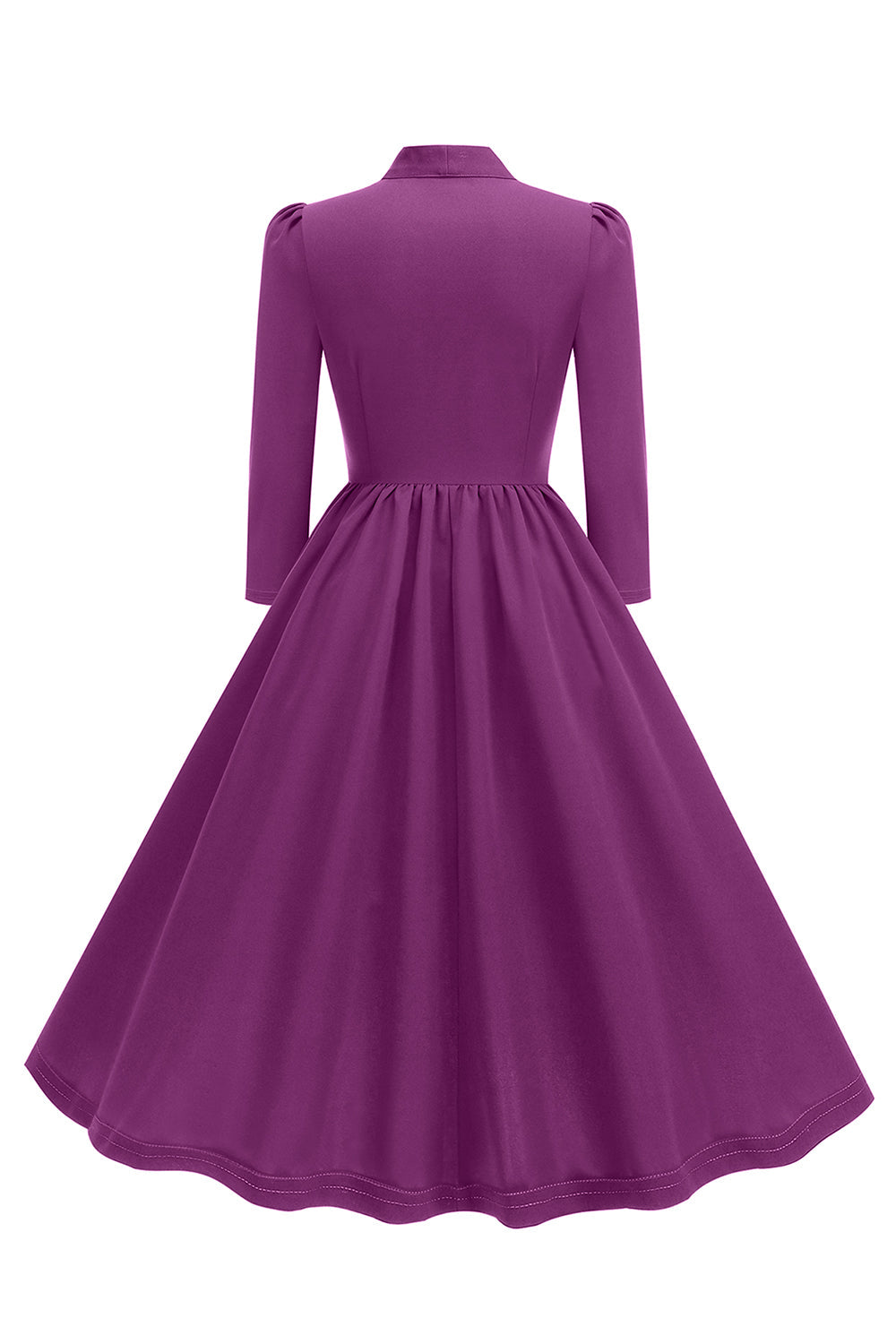 Vestido de pajarita plisada morada de la década de 1950 con mangas largas