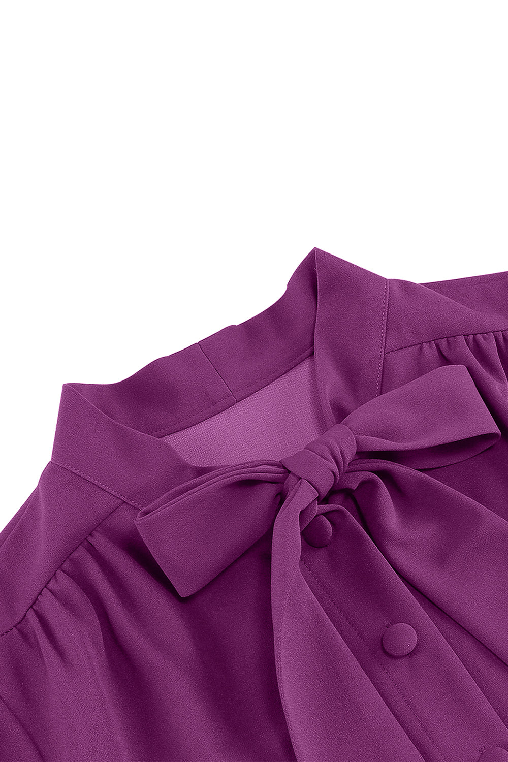 Vestido de pajarita plisada morada de la década de 1950 con mangas largas